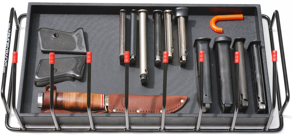 Armory Rack accessory tray with magazines and accessories
