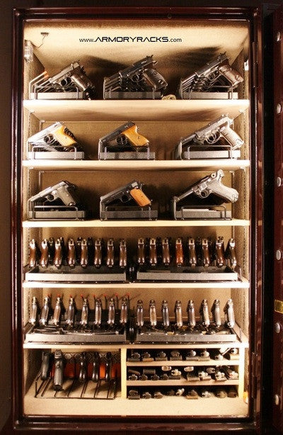 Armory Racks handgun storage racks organized inside a gun safe